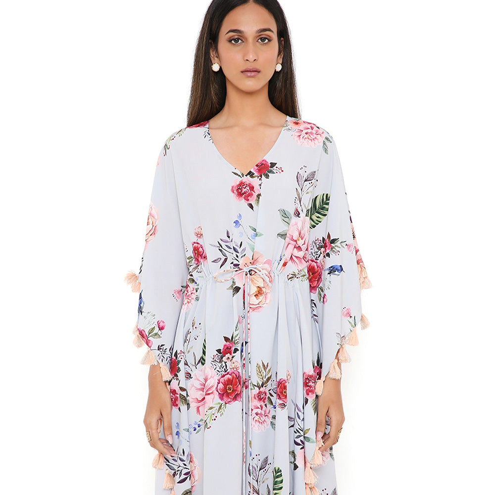 PS Pret by Payal Singhal Grey Gulabi Print Art Crepe Knee Length Kaftan with Tassels
