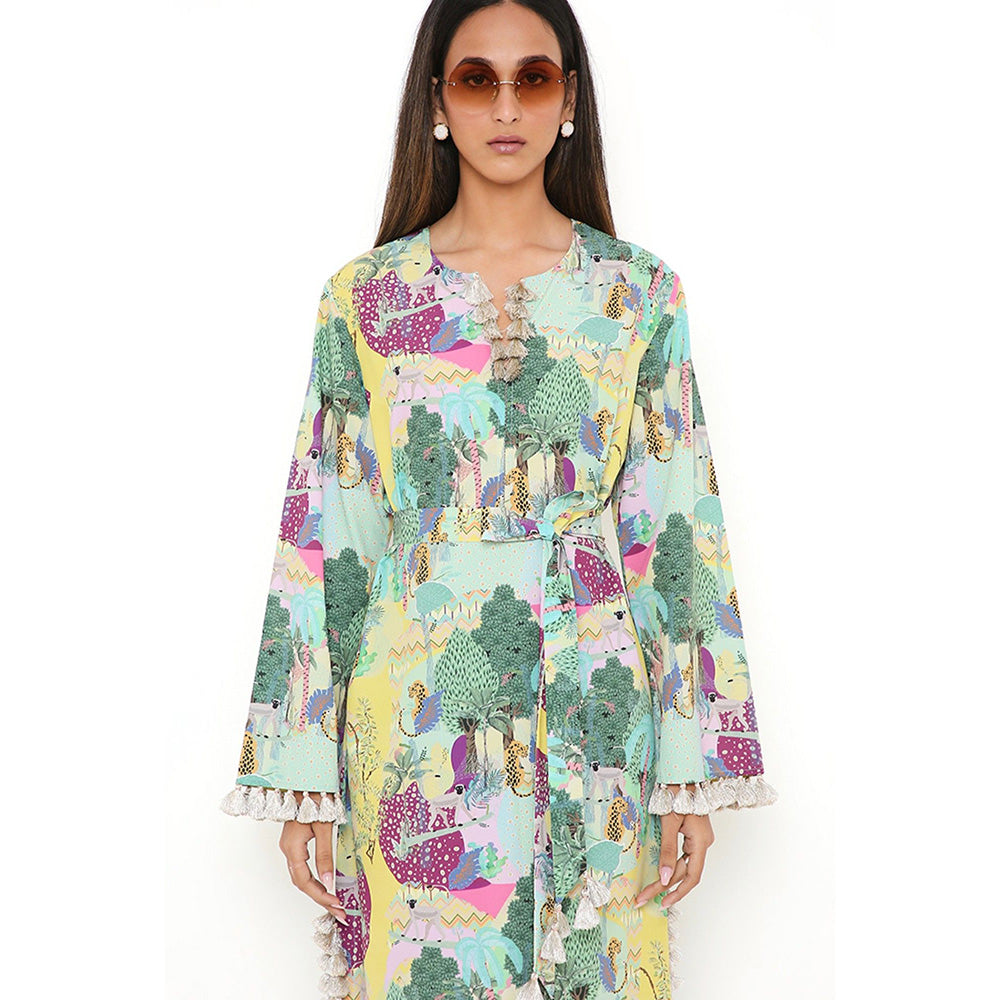 PS Pret by Payal Singhal Yellow Kuno Print Art Crepe Long Beyza Kaftan (Set of 2)
