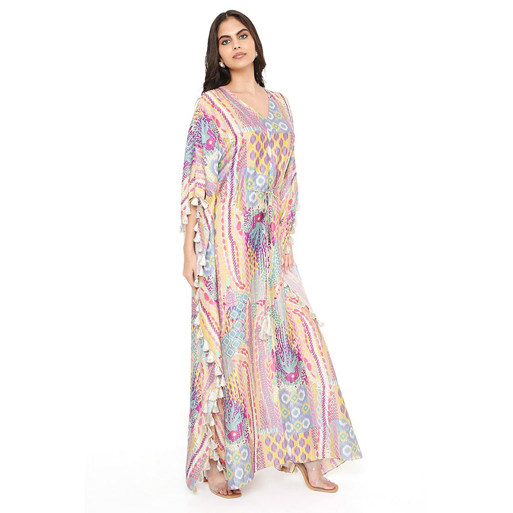 PS Pret by Payal Singhal Lime African Print Silkmul Kaftan with Tassels