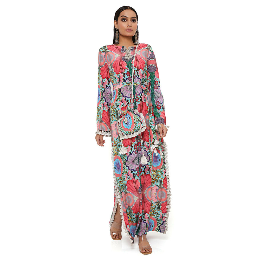 PS Pret by Payal Singhal Pink Enchanted Print Crepe Long Beyza Kaftan with a Belt (Set of 2)