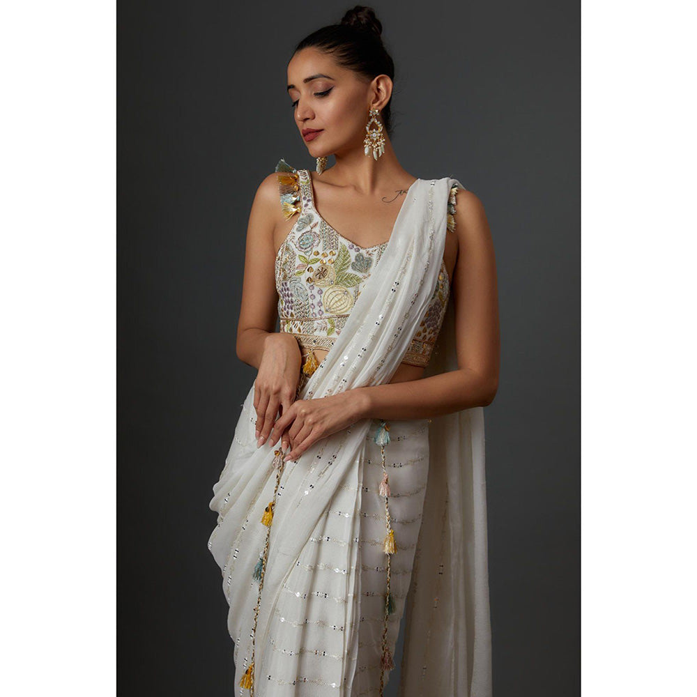 Payal Singhal Off White Embroidered Saree With Stiched Blouse