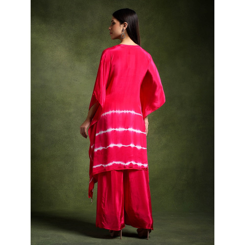 QAIYNAT Fuchsia Pink Crepe Hand Embroidered Batik Print Kaftan and Pant (Set of 2)