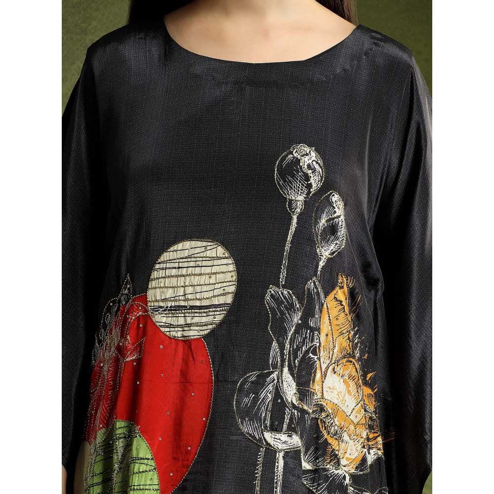 QAIYNAT Womens Printed Black Kaftan with Pant