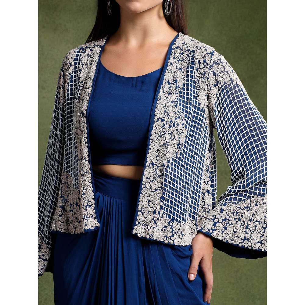 QAIYNAT Womens Embroidered Blue Stitched Blouse with Skirt and Jacket