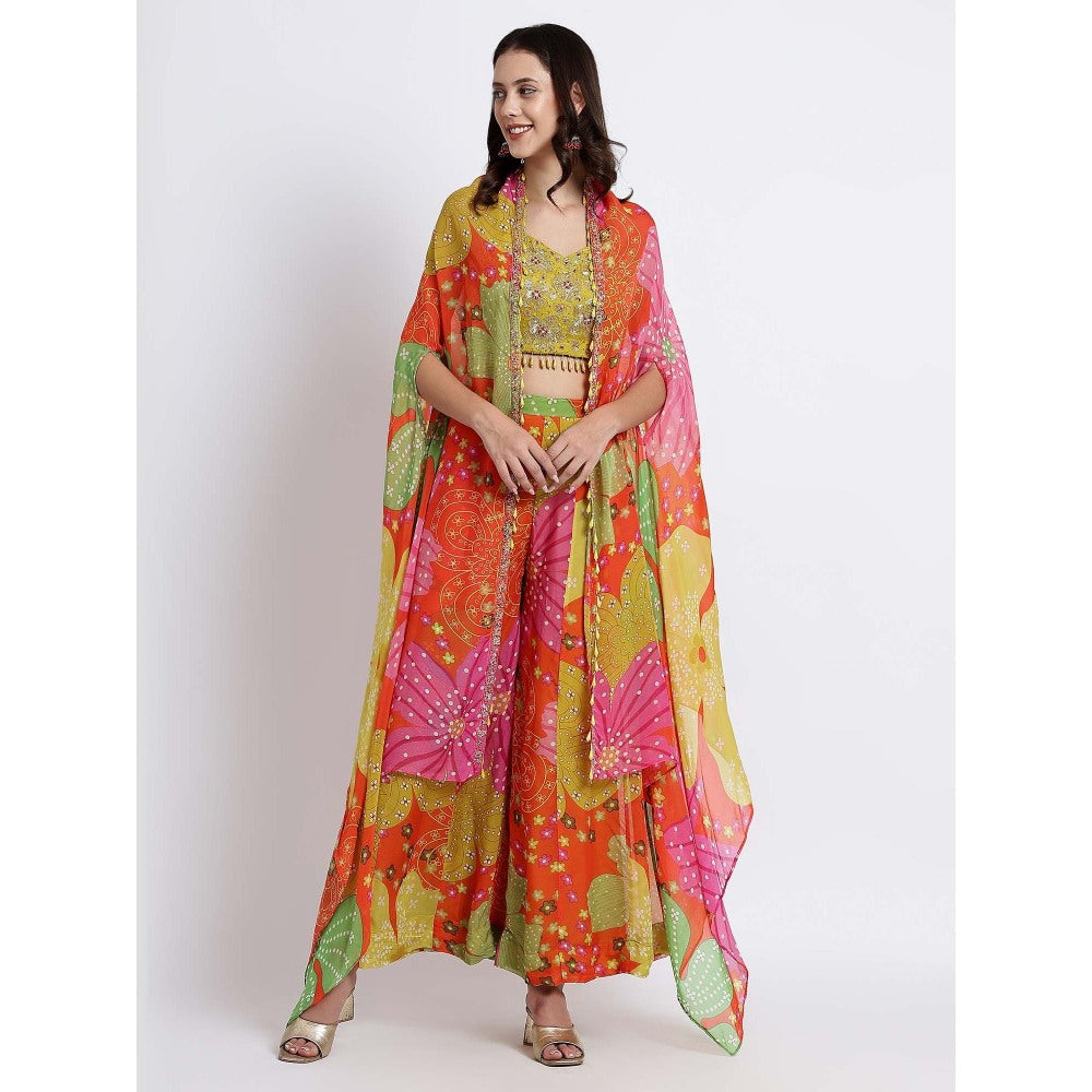 QAIYNAT Womens Printed Multi-Color Crop Top with Cape and Palazzo