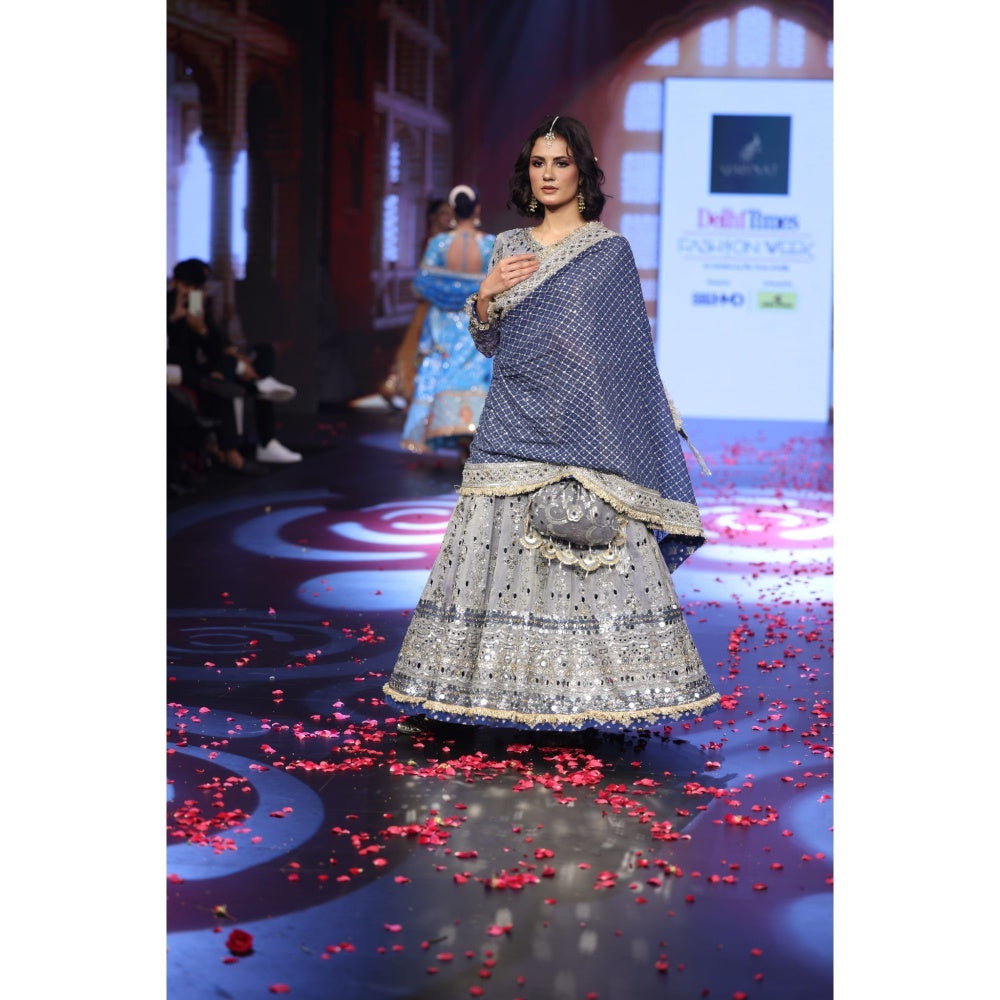 QAIYNAT Ghungroo Grey Mirror Work Hand-Embroidered Anarkali with Dupatta