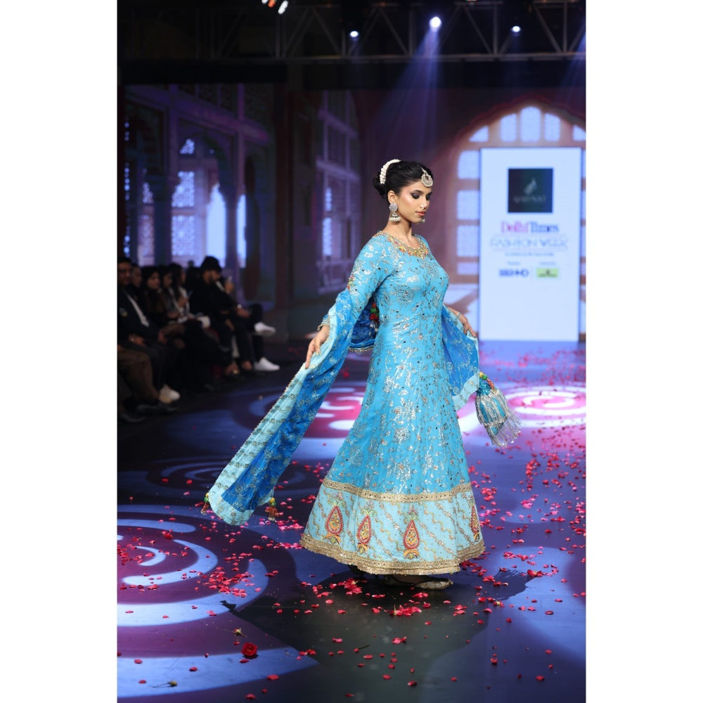 QAIYNAT Ghungroo Blue Hand-Embroidered Zari Aari Silk Anarkali with Dupatta