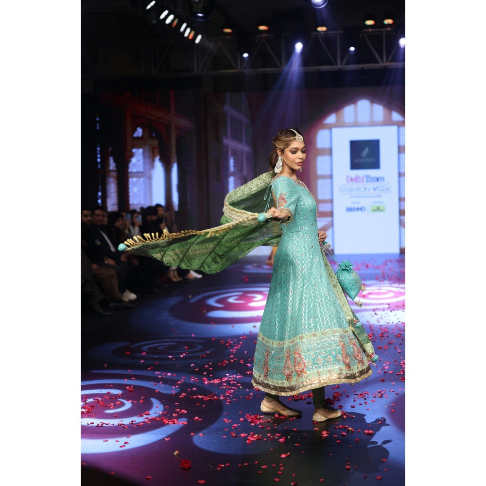 QAIYNAT Ghungroo Turquoise Zari Aari Silk Anarkali with Dupatta