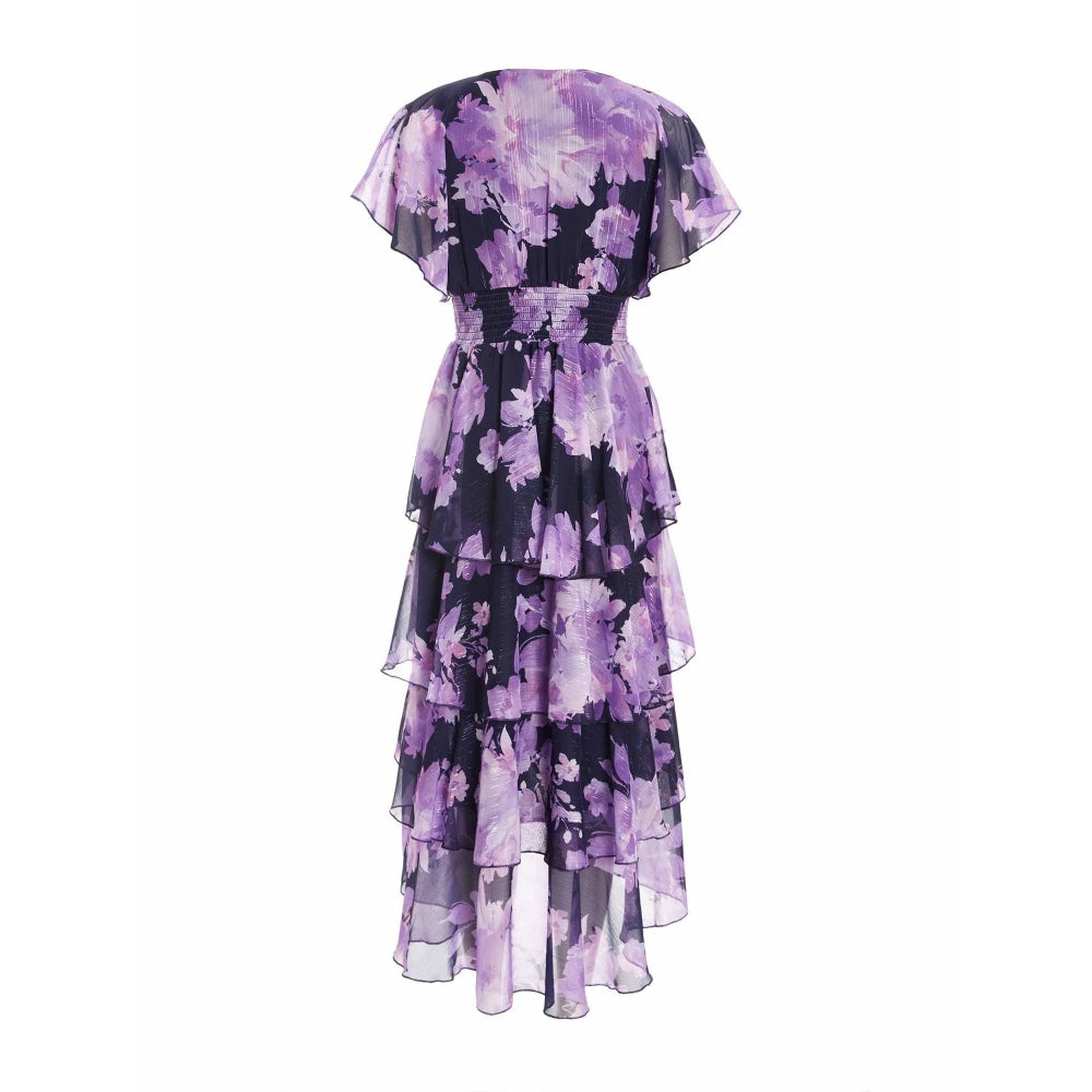Quiz Clothing Navy Blue Chiffon Wrap Floral Tiered Midi Dress