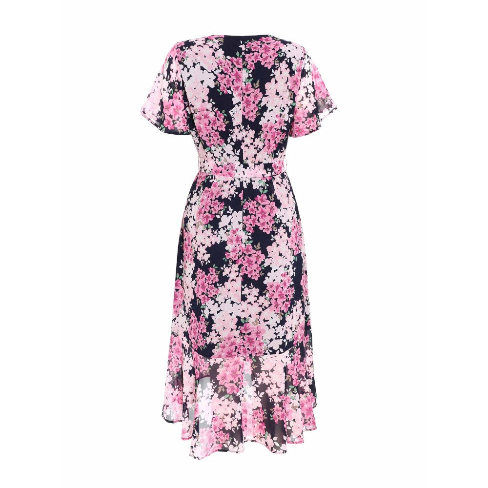 Quiz Clothing Lilac Navy Blue Floral Print Midi Dip Hem Dress with Belt (Set of 2)