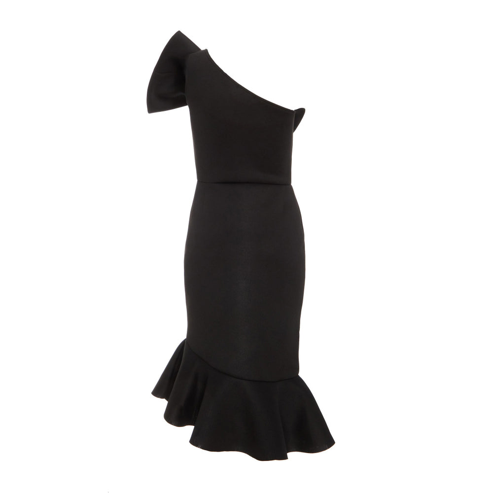 Quiz Clothing Black One-Shoulder Sleevless Peplum with Front Bow Detail Midi Dress