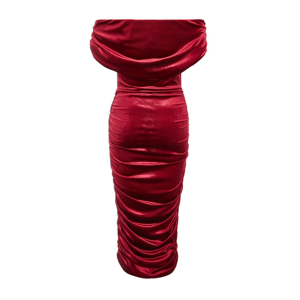 Quiz Clothing Burgundy Off- Shoulder Ruched Bodycon Midi Dress