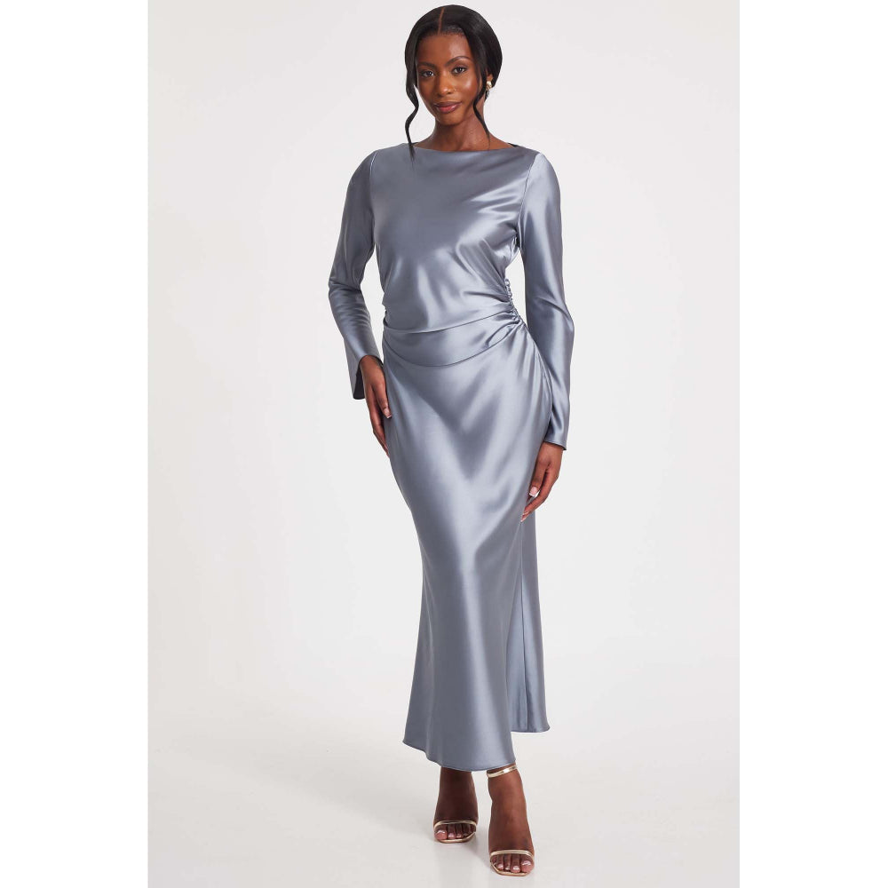 Quiz - Grey Satin Ruched Side Midaxi Dress