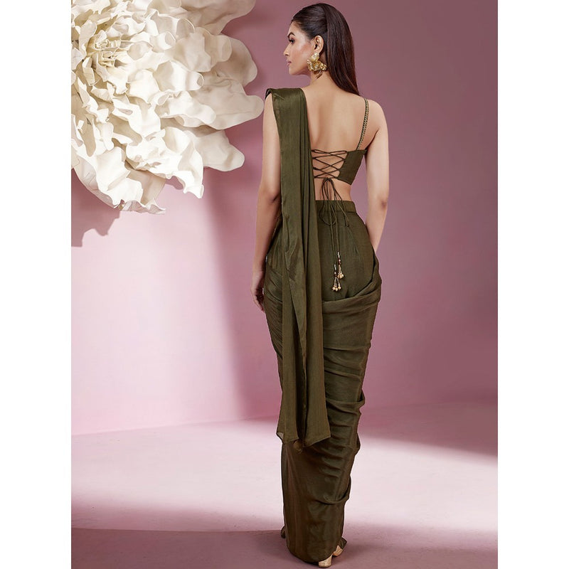 Qunic Green Sage Petals Pre-Draped Saree with Stitched Blouse