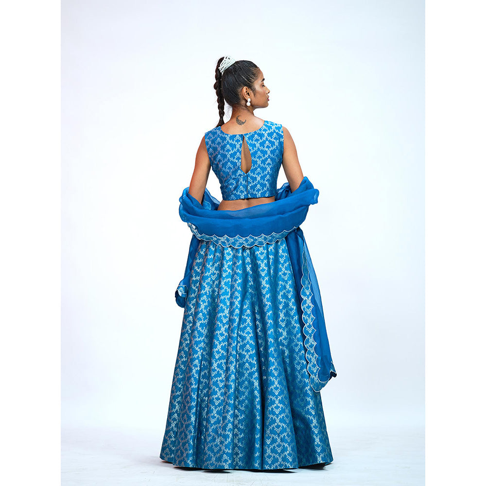 RAAG SUTRA Teal Blue Brocade Lehenga with Blouse and Dupatta (Set of 3)