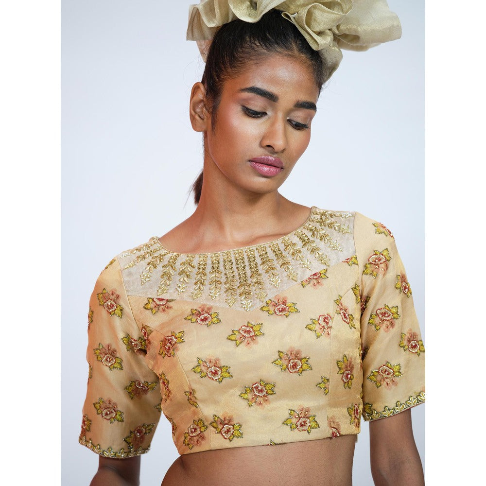 RAAG SUTRA Floral Beige Tissue Lehenga with Blouse and Dupatta (Set of 3)