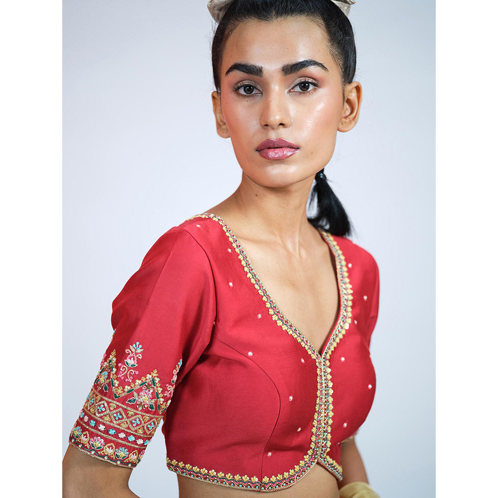 RAAG SUTRA Red Silk Lehenga with Blouse and Dupatta (Set of 3)