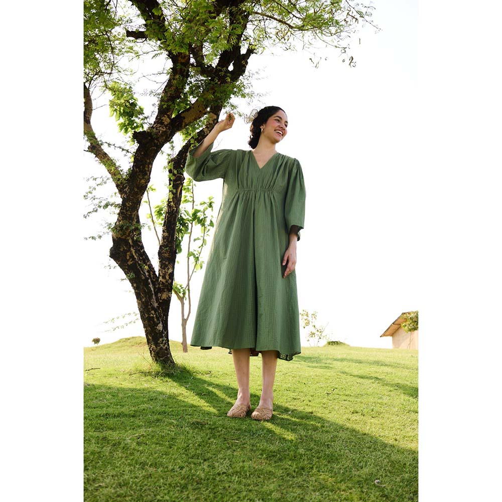 Raas Life Green Shringara Checks Print Dress