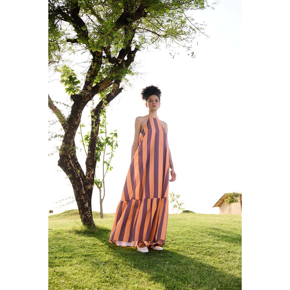 Raas Life Orange Birds Of Paradise Stripe Halter Neck Dress