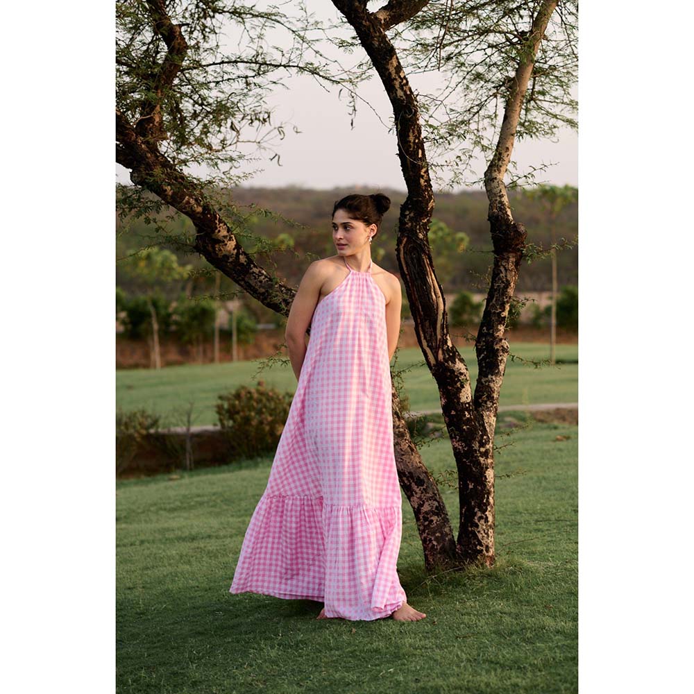 Raas Life Pink Birds Of Paradise Checks Halter Neck Dress