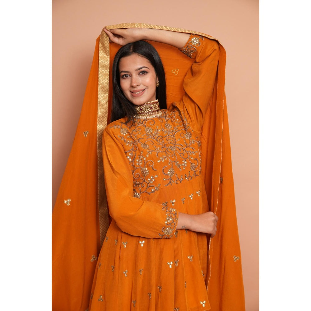 Rabnoor K Sethi Mustard Heavy Embroidered Short Anarkali with Lehenga and Dupatta (Set of 3)