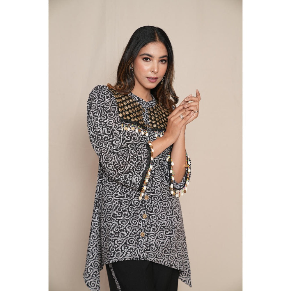 Rabnoor K Sethi Black Printed Asymmetrical Tunic with Pant (Set of 2)