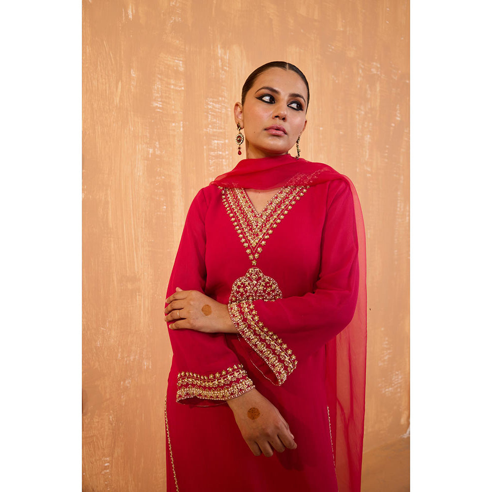 Radha Sharma Pink Georgette Gold and Pearl Handwork Kurta with Palazzo and Dupatta (Set of 3)