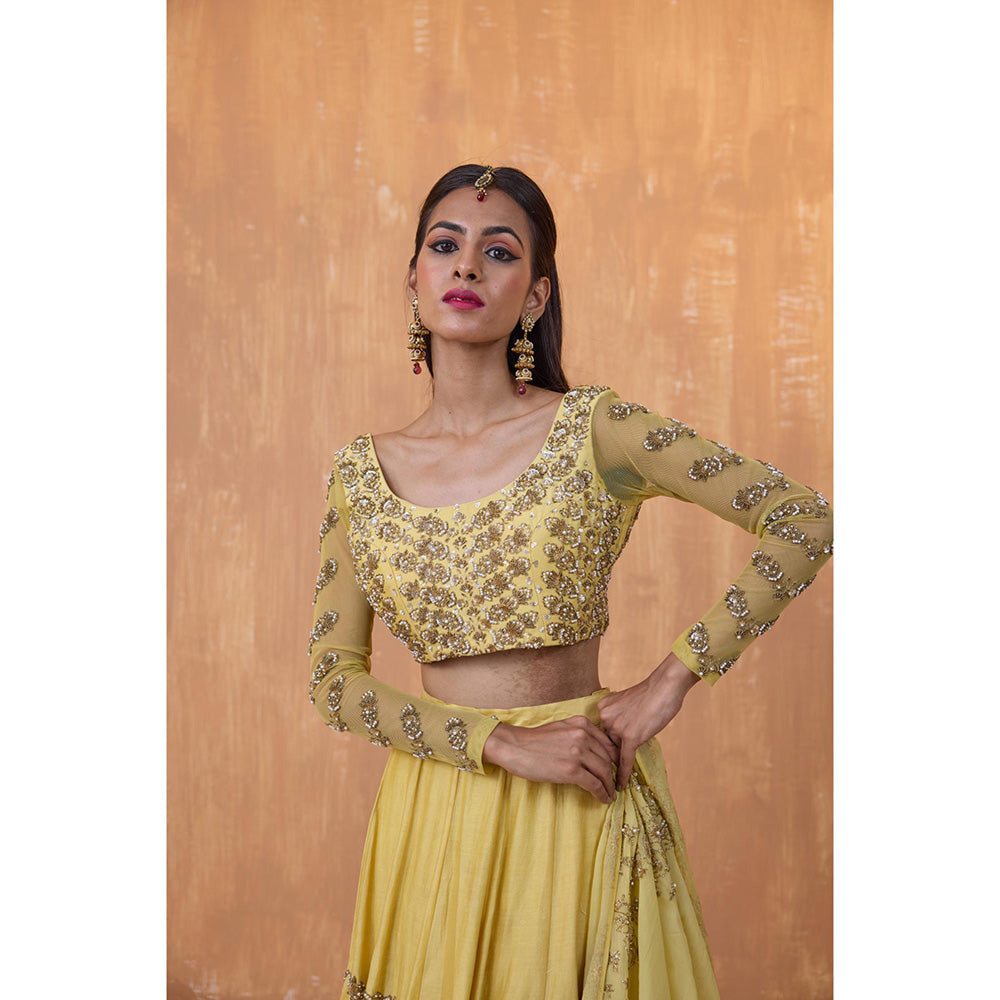 Radha Sharma Yellow Silk Chanderi Lehenga with Blouse and Dupatta (Set of 3)