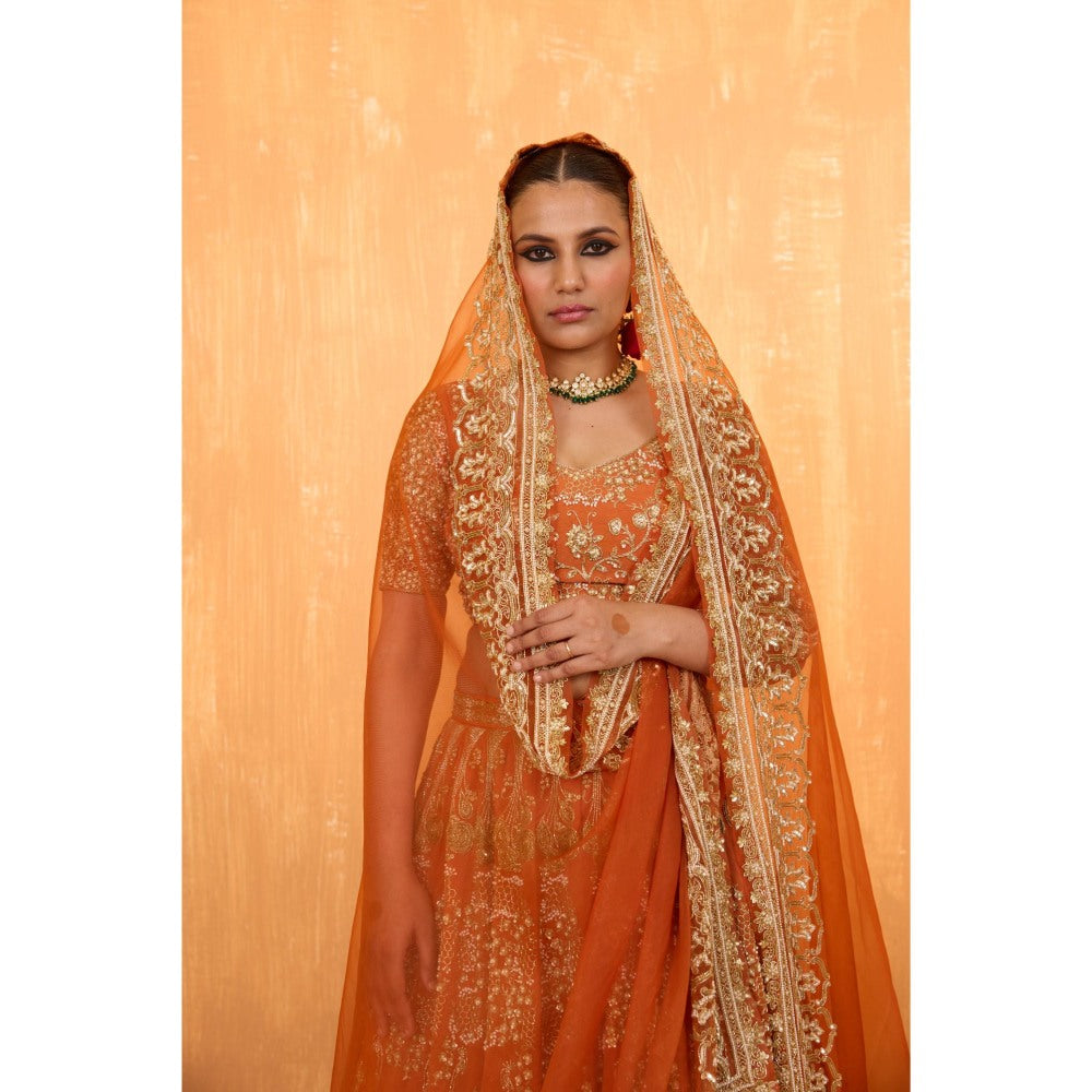 Radha Sharma Orange Silk Chanderi Lehenga with Blouse and Dupatta (Set of 3)