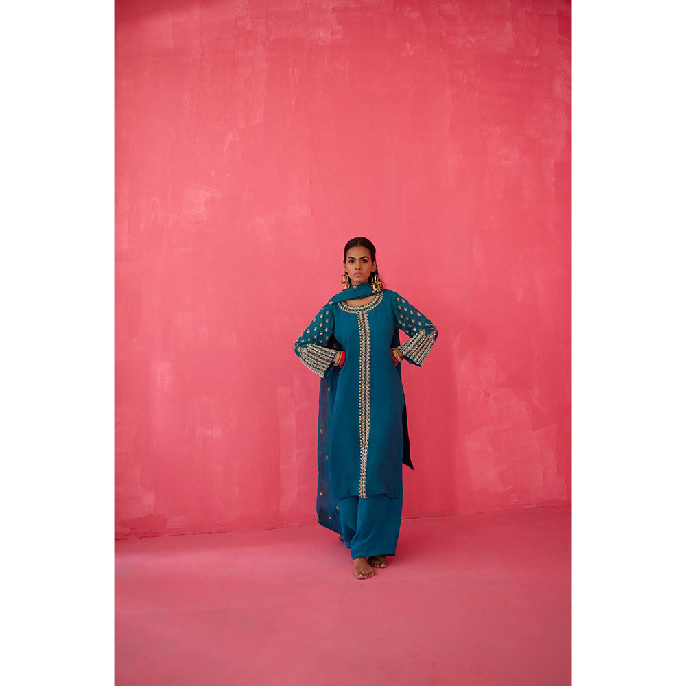 Radha Sharma Turquoise Gold & Pearl Handwork Kurta with Palazzo and Dupatta (Set of 3)