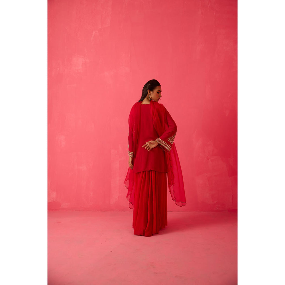 Radha Sharma Georgette Gold & Pearl Handwork Kurta with Sharara and Dupatta (Set of 3)