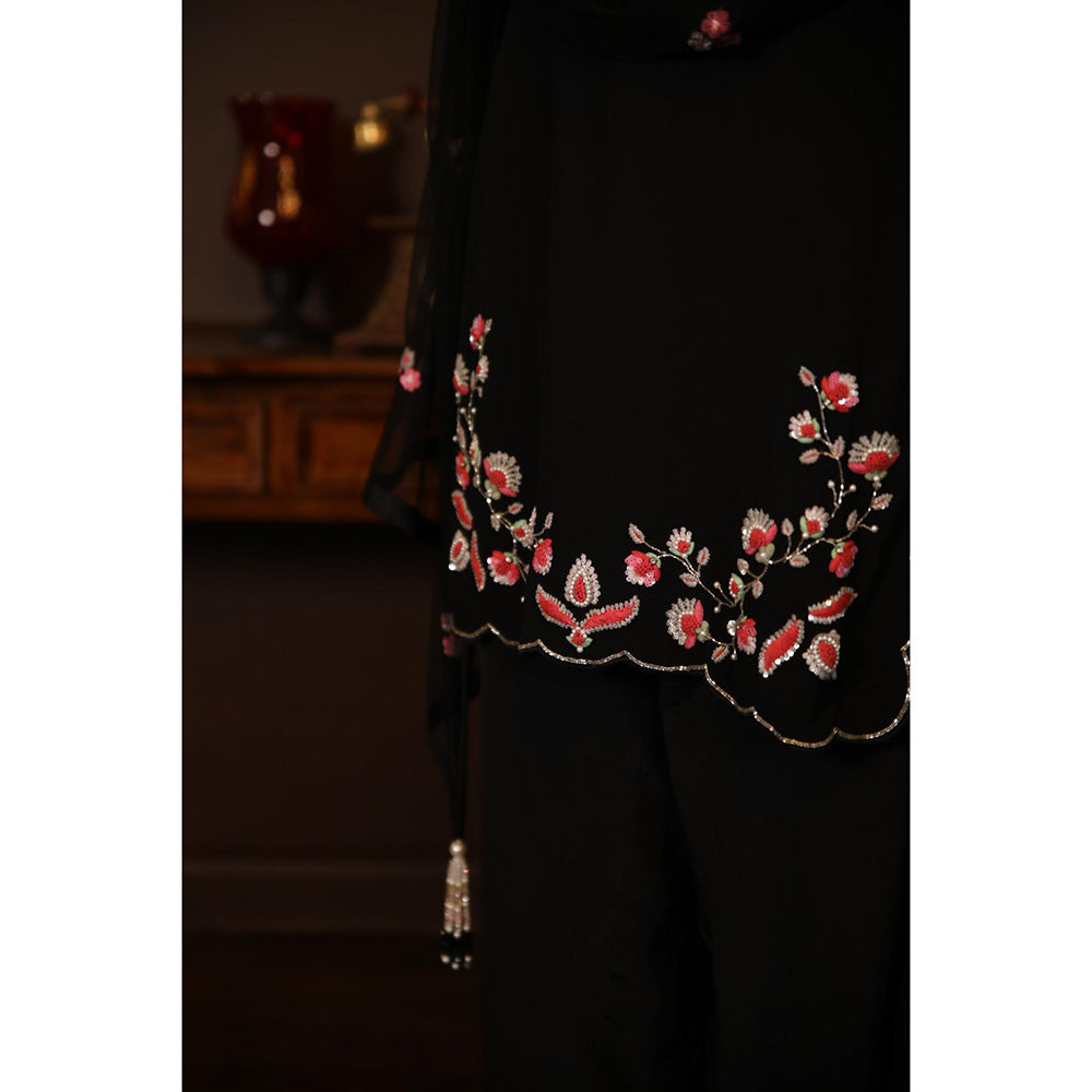 Radha Sharma Black Georgette Embellished Kurta with Palazzo and Dupatta (Set of 3)