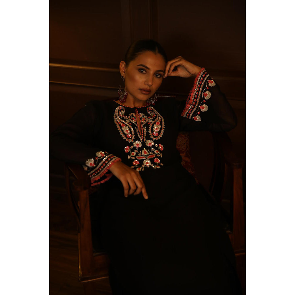 Radha Sharma Black Georgette Embellished Kurta with Palazzo and Dupatta (Set of 3)