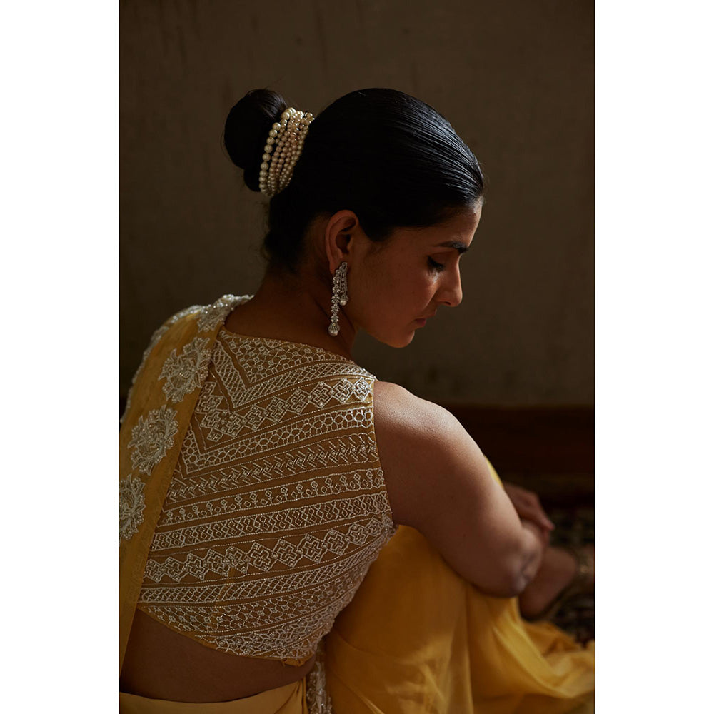 Radha Sharma Yellow Embellished Pre Draped Saree with Stitched Blouse