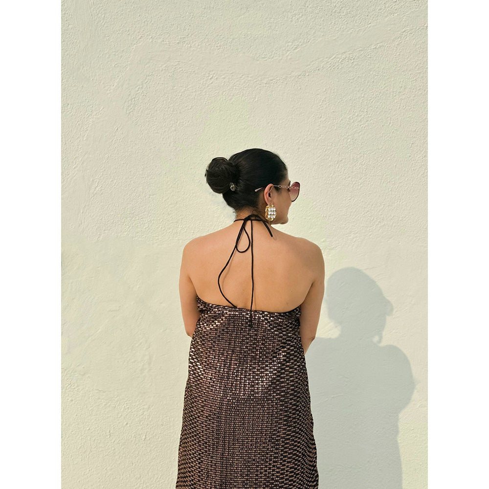 RAISHAA Bronze Sequin Halter High-Slit Tunic & Flared Pant (Set of 2)