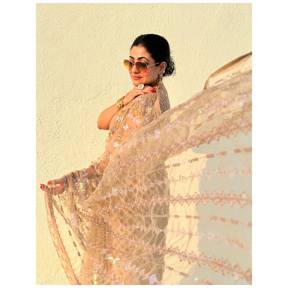 RAISHAA Nude Net Sari Featuring Multicoloured Sequin Floral Embroidery Stitched Blouse