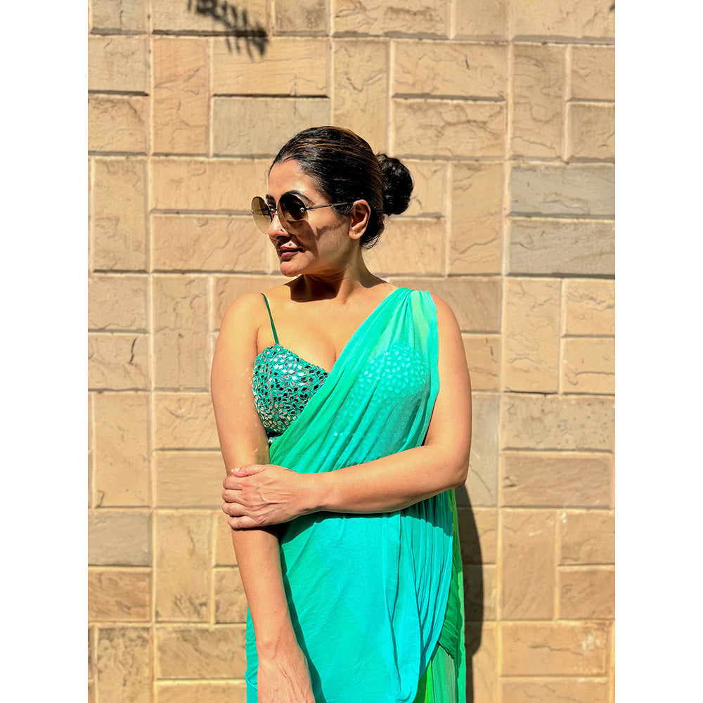RAISHAA Green Aquamarine Concept Cocktail Saree With Stitched Blouse