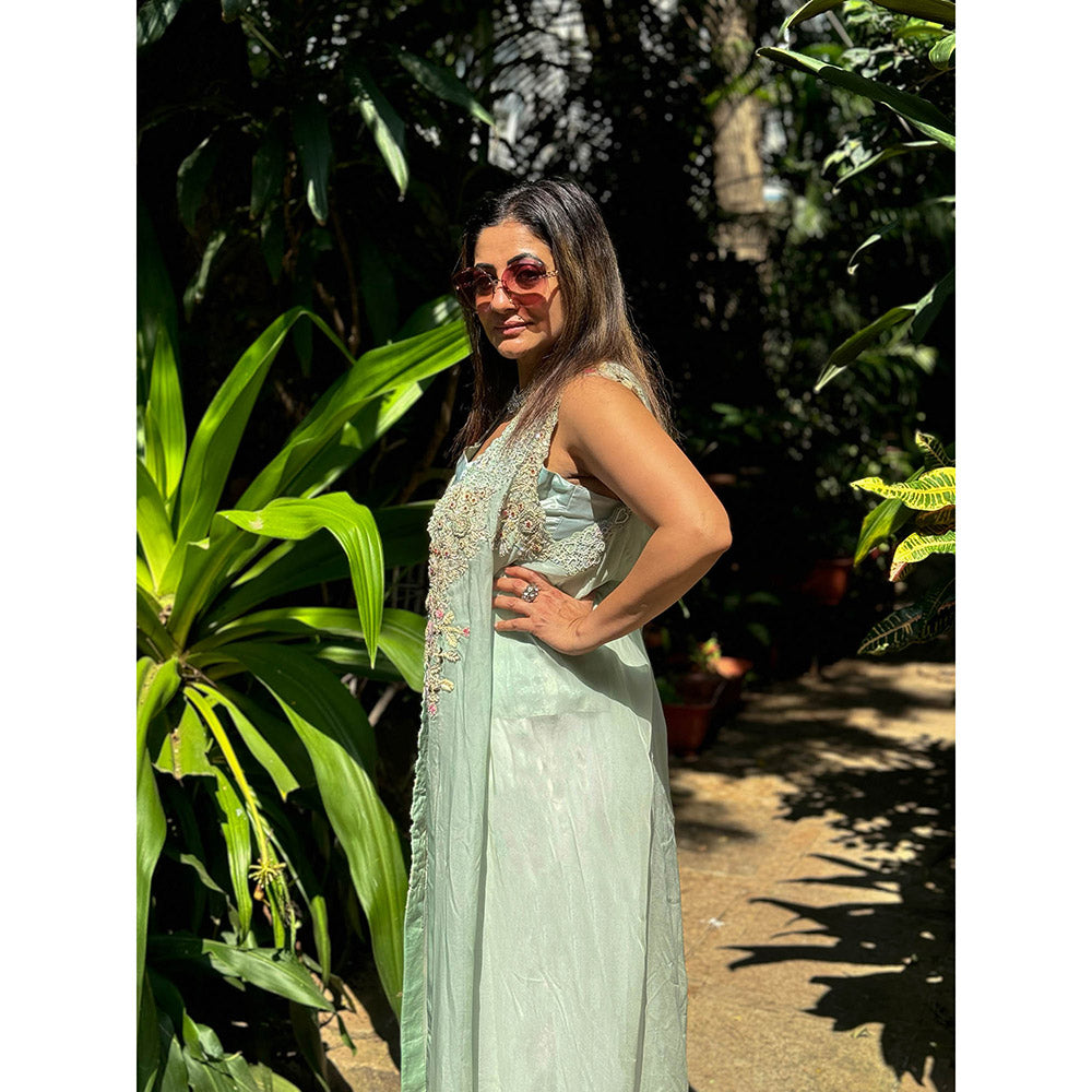 RAISHAA Green Pastiche Organza Cape with Top (Set of 2)