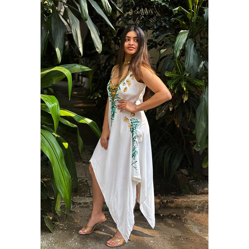 RAISHAA White Elena Hand Painted Midi Dress