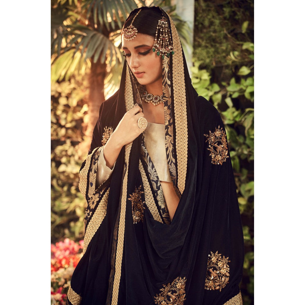 Ranian Beige Round Neck Blouse with Lehenga and Navy Blue Velvet Dupatta (Set of 3)