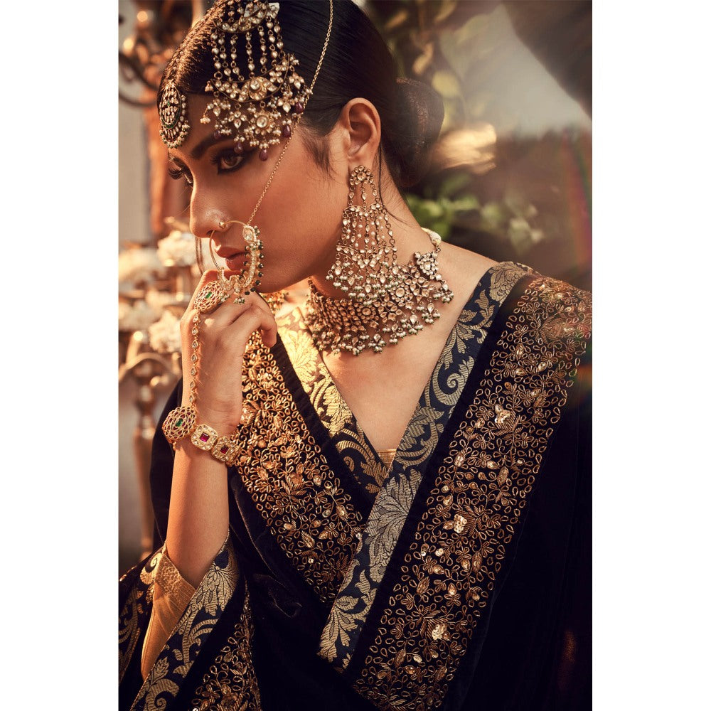 Ranian Gold Round Neck Blouse with Lehenga and Navy Blue Velvet Dupatta (Set of 3)