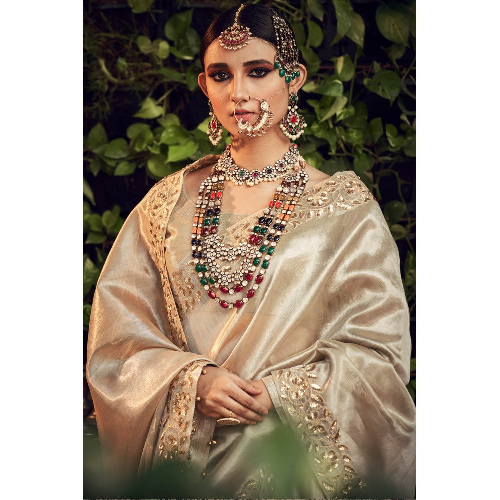 Ranian Champagne Lehenga with Blouse and Embellished Dupatta (Set of 3)