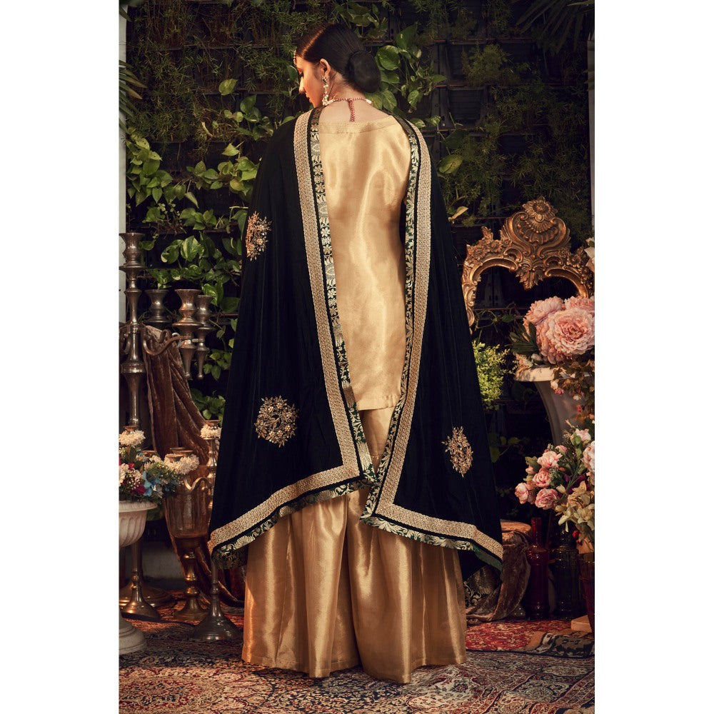 Ranian Oxidized Gold Sharara with Kurti and Green Velvet Dupatta (Set of 3)