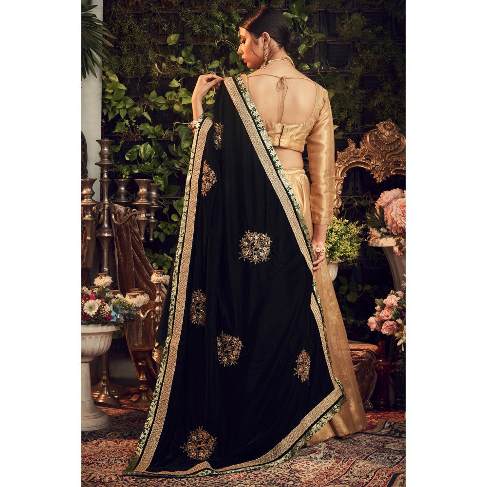 Ranian Oxidized Gold Lehenga and Blouse with Green Velvet Dupatta (Set of 3)