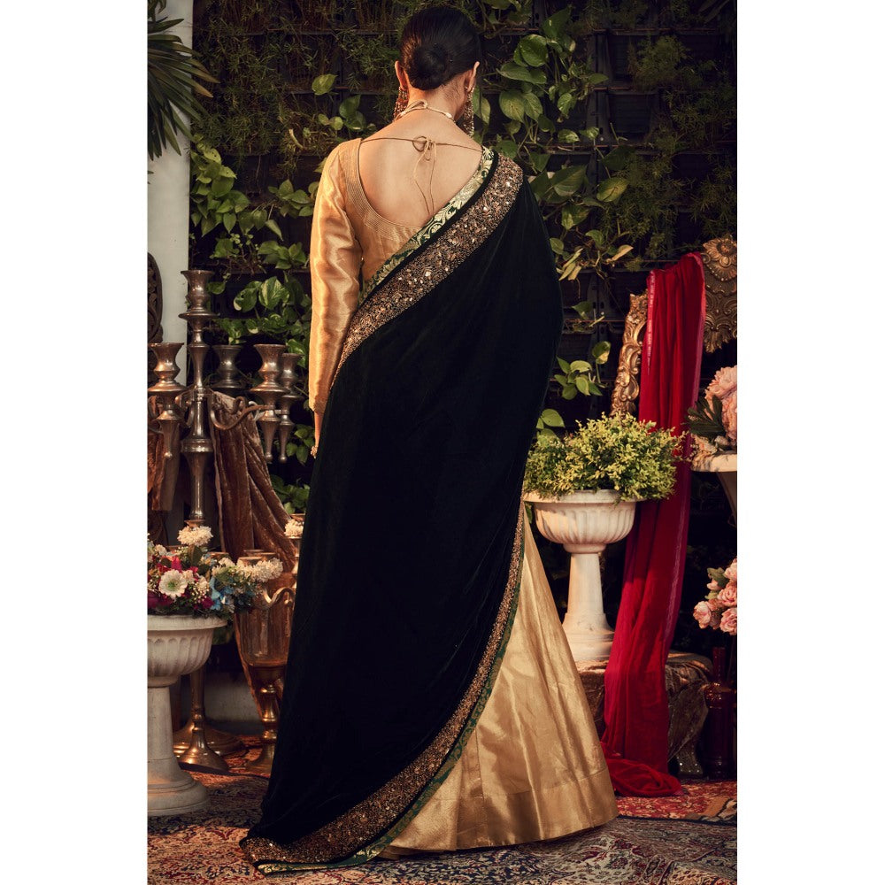 Ranian Oxidized Gold Lehenga and Blouse with Green Velvet Dupatta (Set of 3)