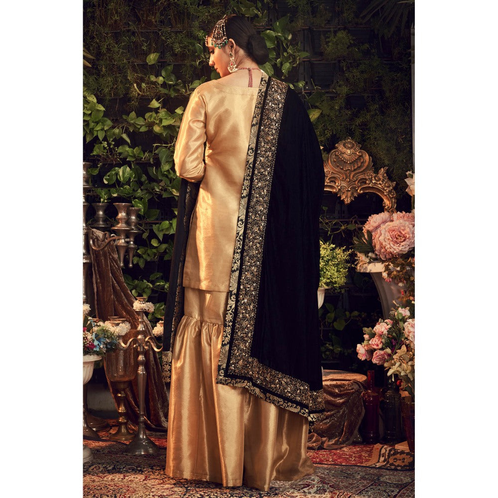 Ranian Oxidized Gold Sharara and Kurti with Black Velvet Dupatta (Set of 3)