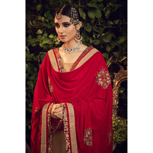 Ranian Oxidized Gold Sharara and Kurti with Red Velvet Dupatta (Set of 3)