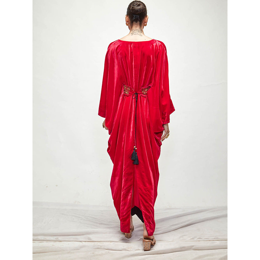 Ranian Red Velvet Kaftan Dress with Belt (Set of 2)