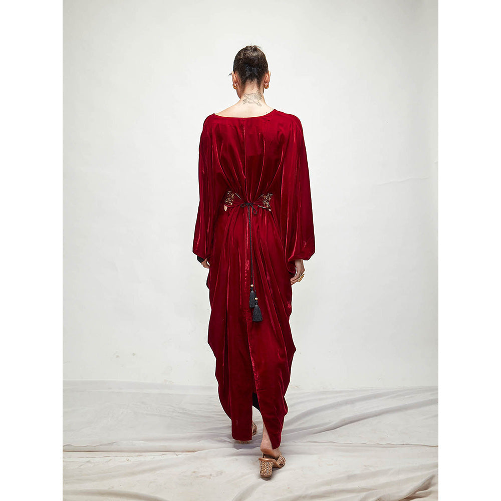 Ranian Maroon Velvet Kaftan Dress with Belt (Set of 2)