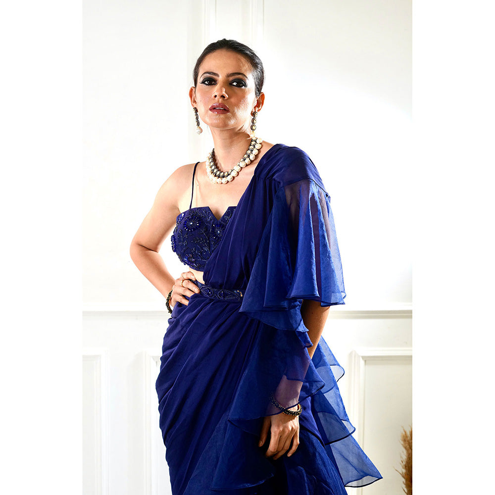 Rashika Sharma Nikasha Navy Ruffle Pre-Drapped Saree with Blouse and Belt with Stitched